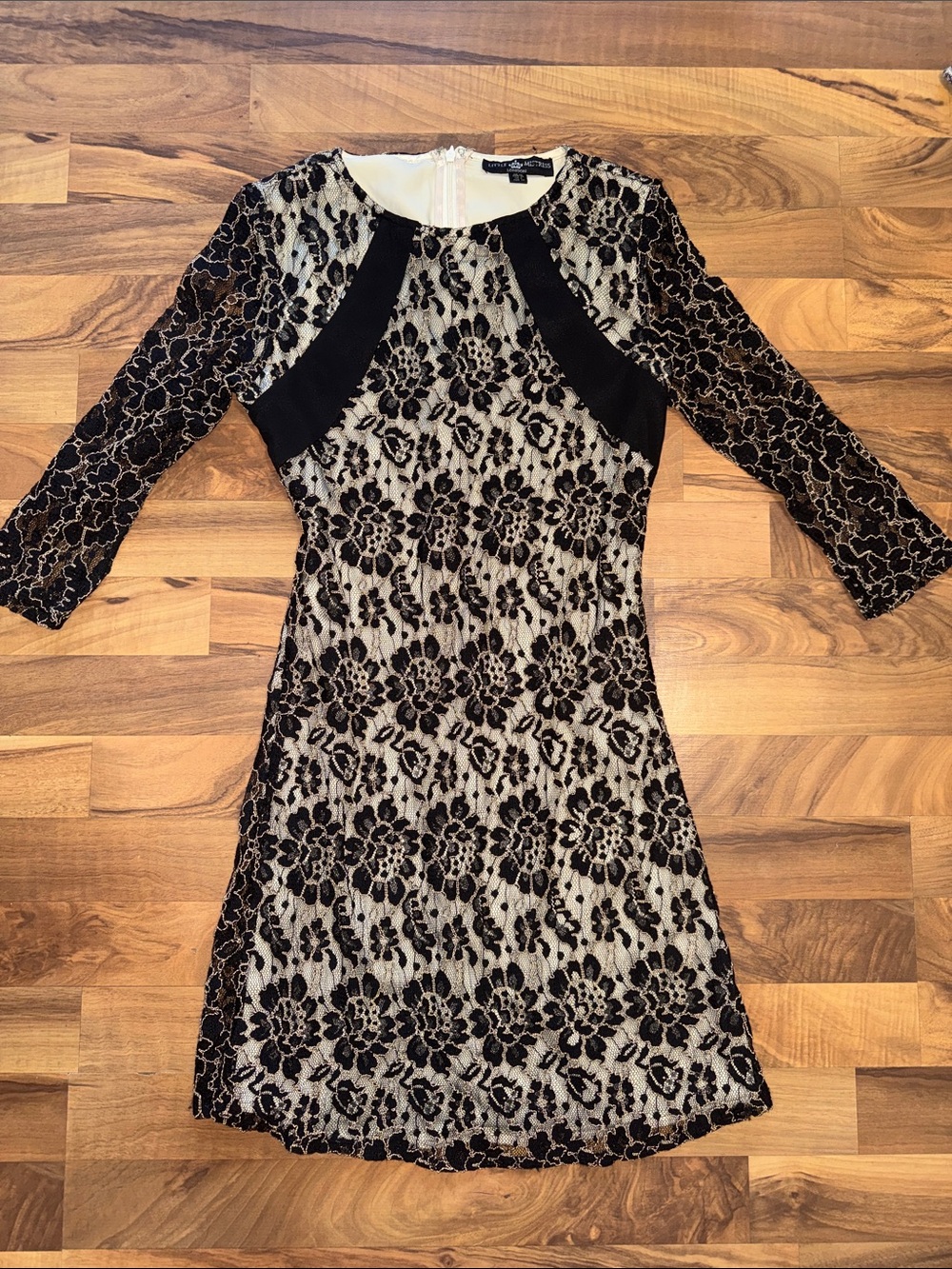 Little Mistress Black Lace Overlay Dress with Cream Lining
